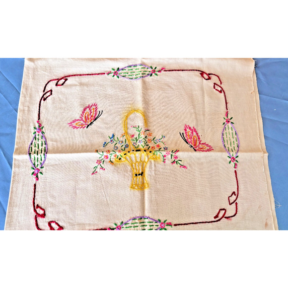 Vintage Embroidery Flower Basket Pillow Cover Case Butterflies 17x16 - Picture 1 of 12